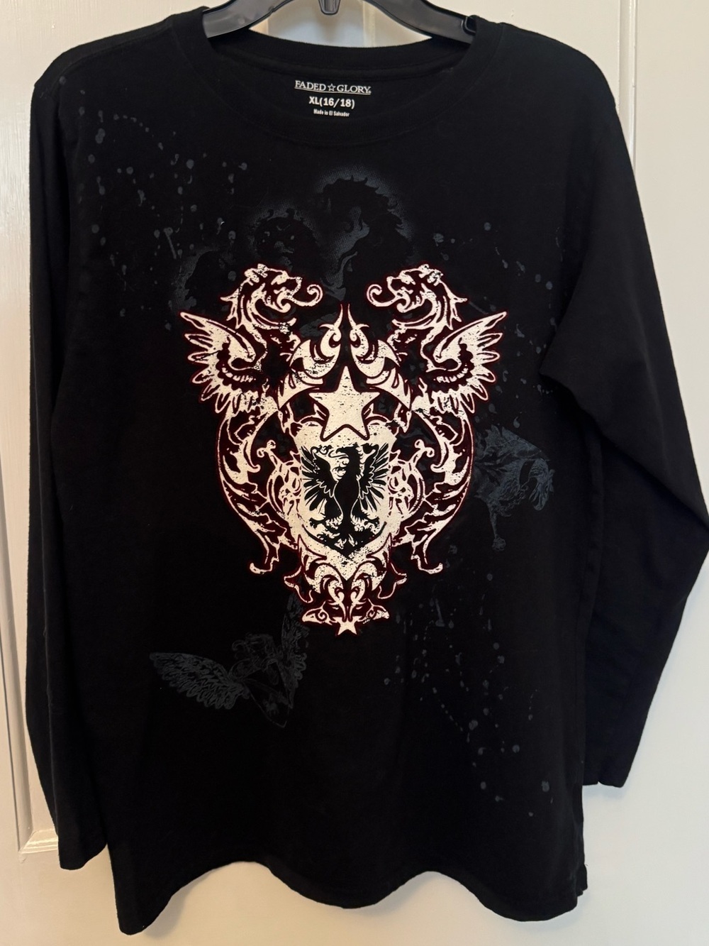 Faded Glory Black Long-Sleeve Tee with Pale Pink Crest Graphic